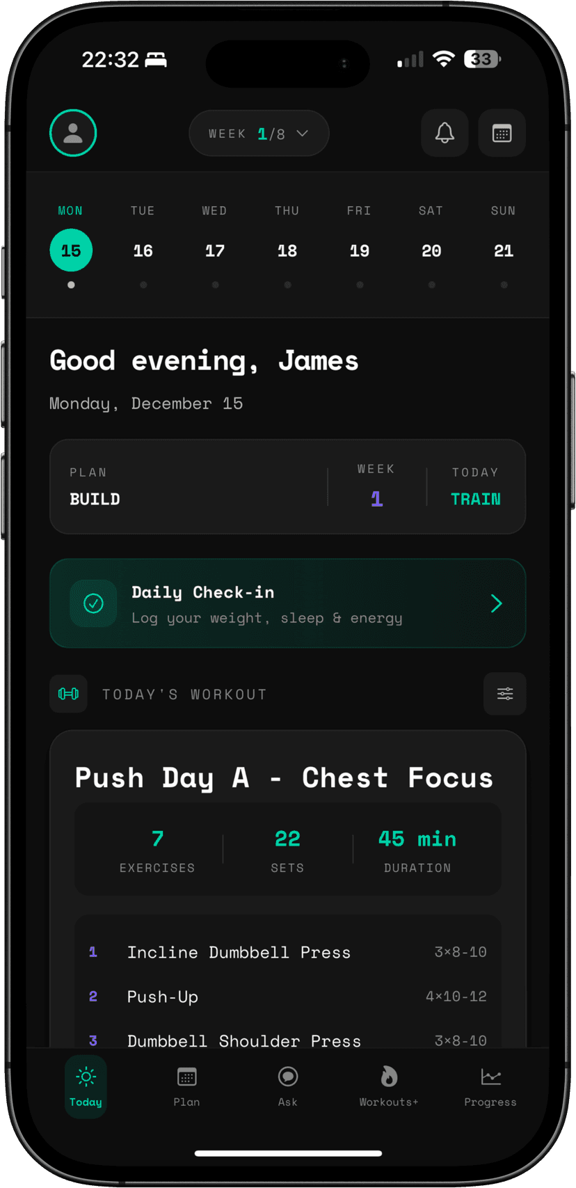 Nate AI Fitness App - Today Dashboard