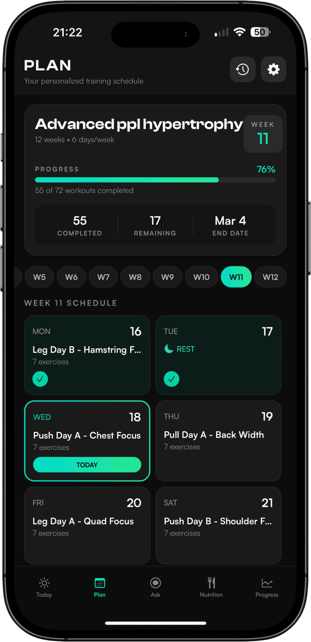 NATE app - Adaptive plan view showing weekly schedule with readiness-based workout adjustments